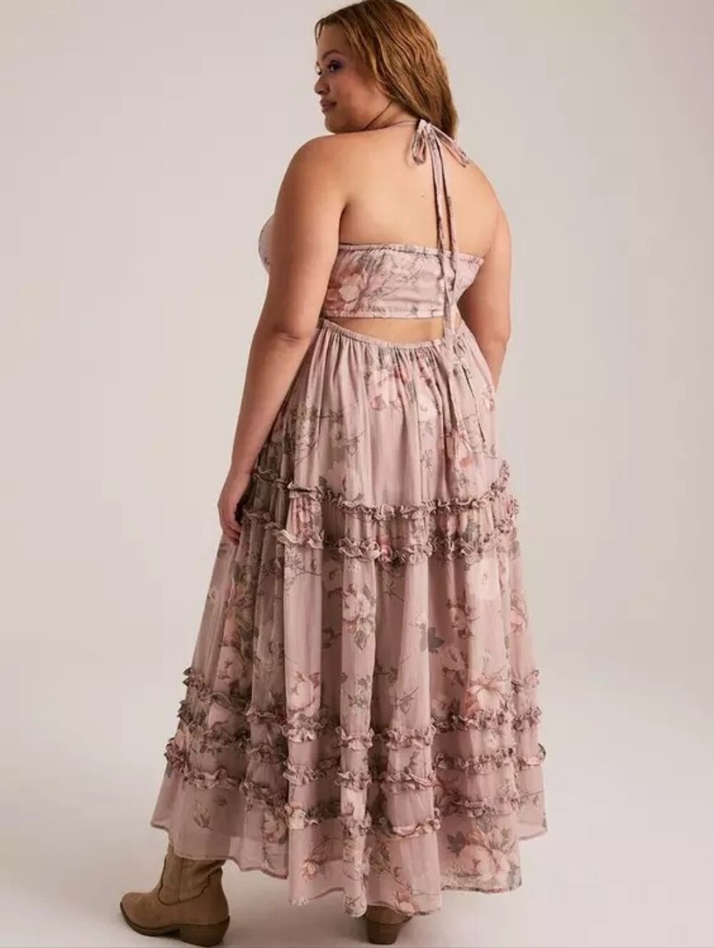 Torrid Festi Cross-Front Halter Maxi Dress Floral Beige Boho Women's Plus Sz 2X - Picture 2 of 5